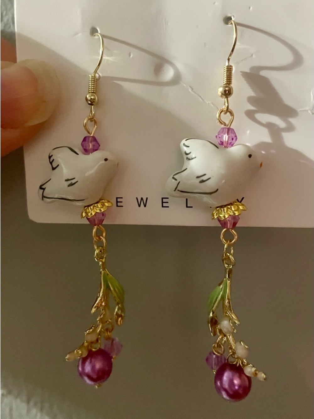 Hand Crafted White Bird Drop Earrings with Pink and Green Accents - Picture 5 of 5